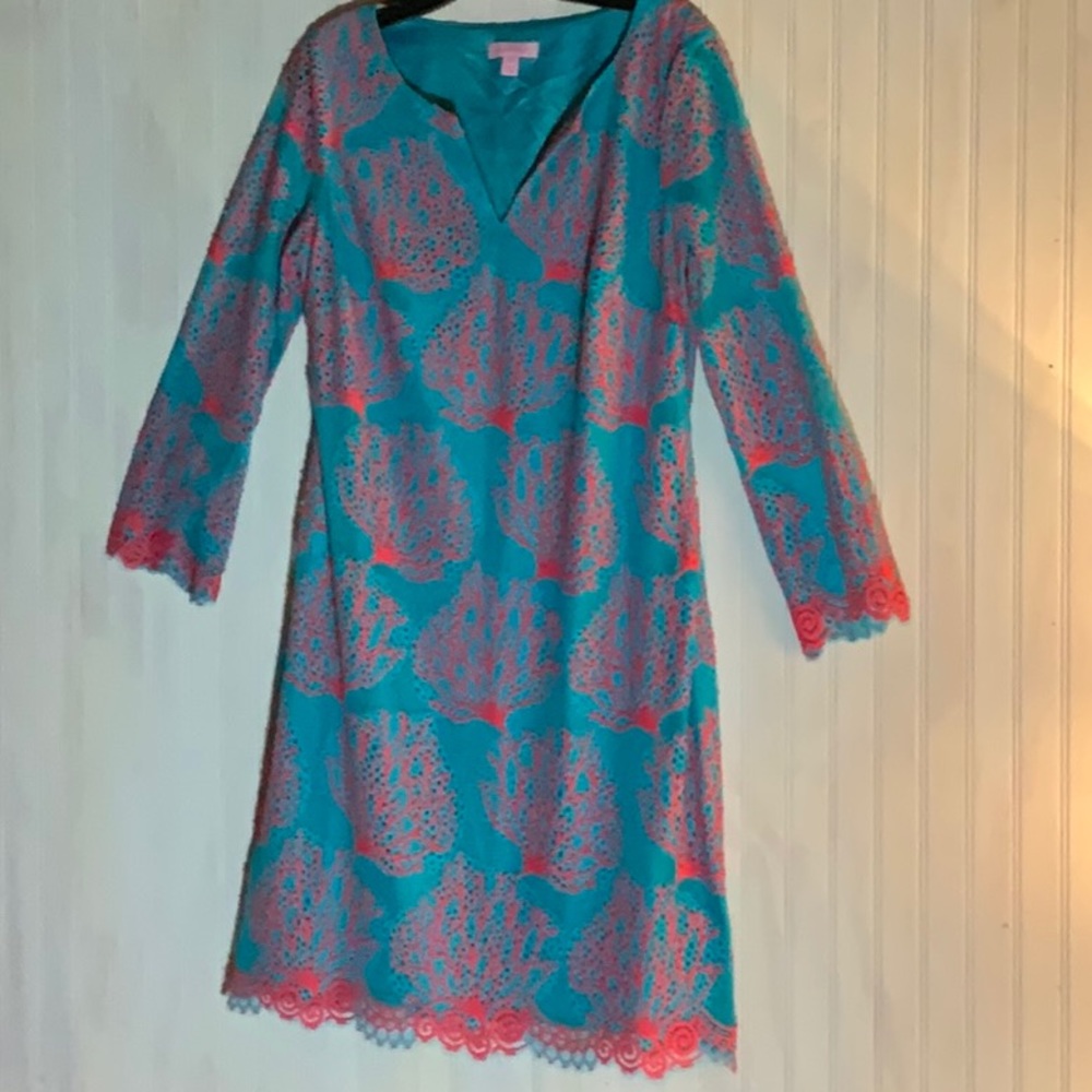 Ladies Lilly Pulitzer turquoise dress with coral embroidery
